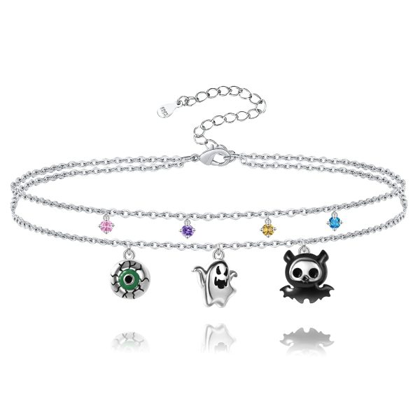 Halloween Bracelet For Western Sterling Silver Evil Eye Moon Witch Ghost Cat Pumpkin Bat Layered Bracelet Jewelry