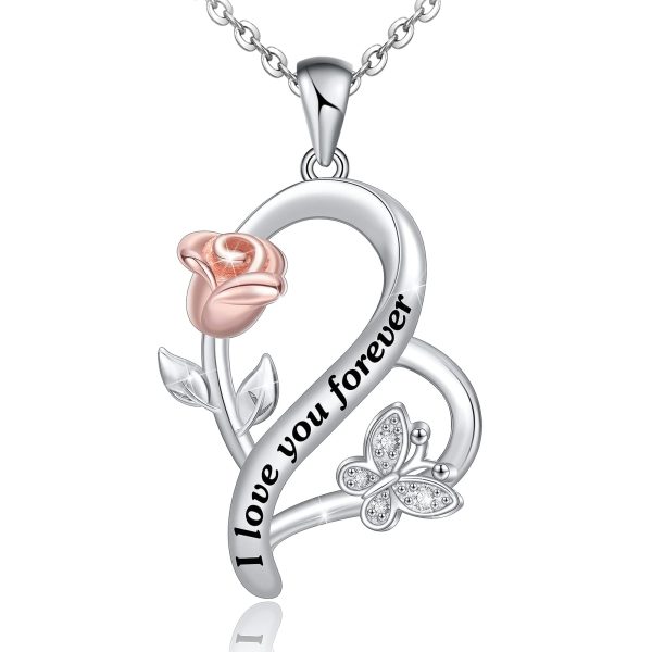 Sterling Silver Rose Flower Necklace, Rose Bracelet, Two-Tone Cross Pendant Necklaces