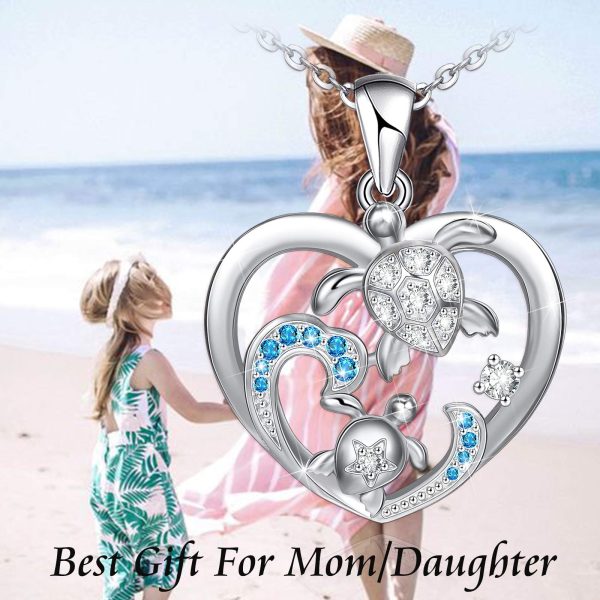 Health and Longevity Mom and Baby Sea Turtle Pendant Necklace for Women Sterling Silver Love Heart Jewelry Gifts - Image 3