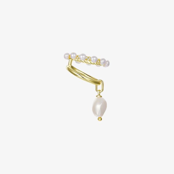 14K Gold Double Band Pearl Ear Cuff for Women