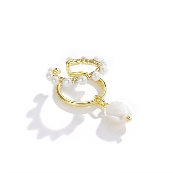 14K Gold Double Band Pearl Ear Cuff for Women - Image 3