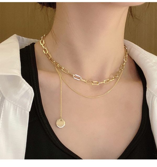 Double Clavicle Chain Necklace With small round tag